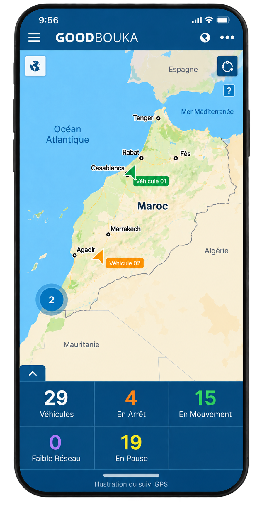 Illustration GOODBOUKA de véhicules sur une carte du Maroc
